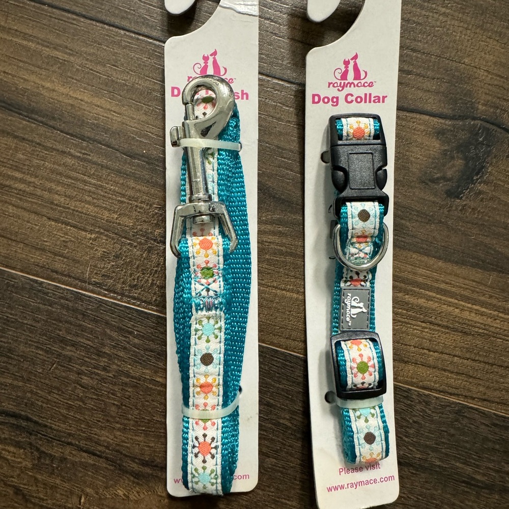 Floral Teal and White Dog Collar and Leash Set